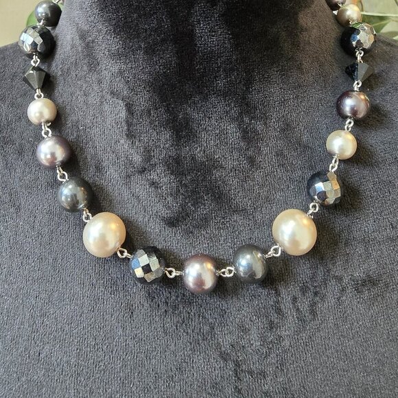 Womens Ivory Black Brown South Sea Pearl Beaded Linked Necklace w/ Lobster Clasp - Picture 1 of 7